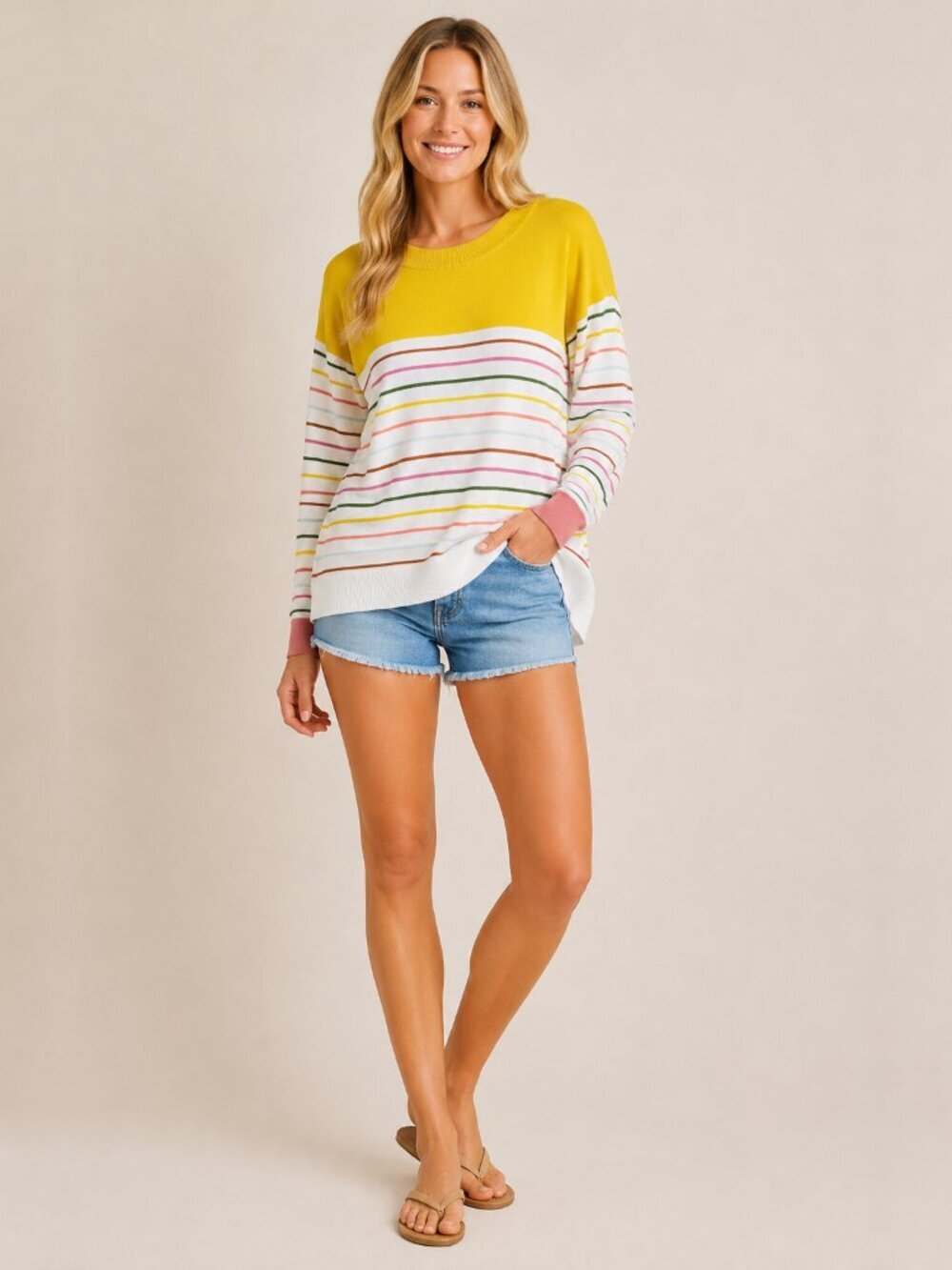 2/$30 Lands' End Striped Colorblock Pullover Sweater Crew Neck Yellow 1X #A2187